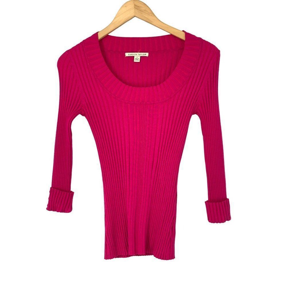 Womens Carolyn Taylor Sweater Top Small Pink Orange Scoop Rib 3/4 Sleeve 3505